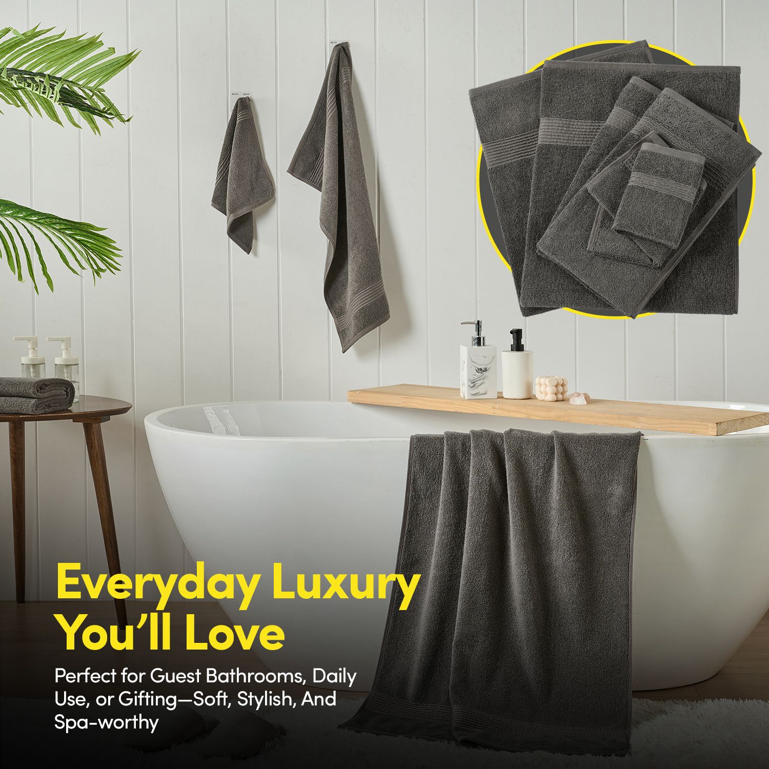 8pc 100% Combed Cotton Towel Set (2 Bath, 2 Hand, 4 Wash) - Grey