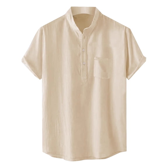 Krdevn Mens Shirts - Male Casual Solid Shirt Short Sleeve Stand Collar Shirt Blouse Tops,Mens Fall Shirts,Color:Khaki,Size:3XL