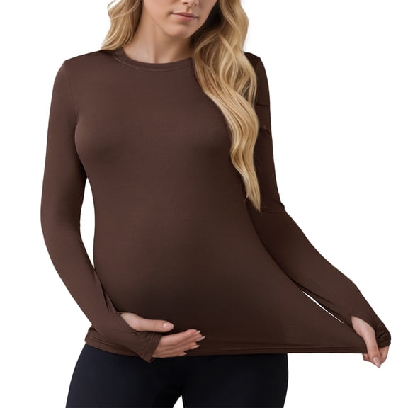 DARING DIVA Women's Maternity Stretchy Fitted Crew Neck Long Sleeve Tops S Brown
