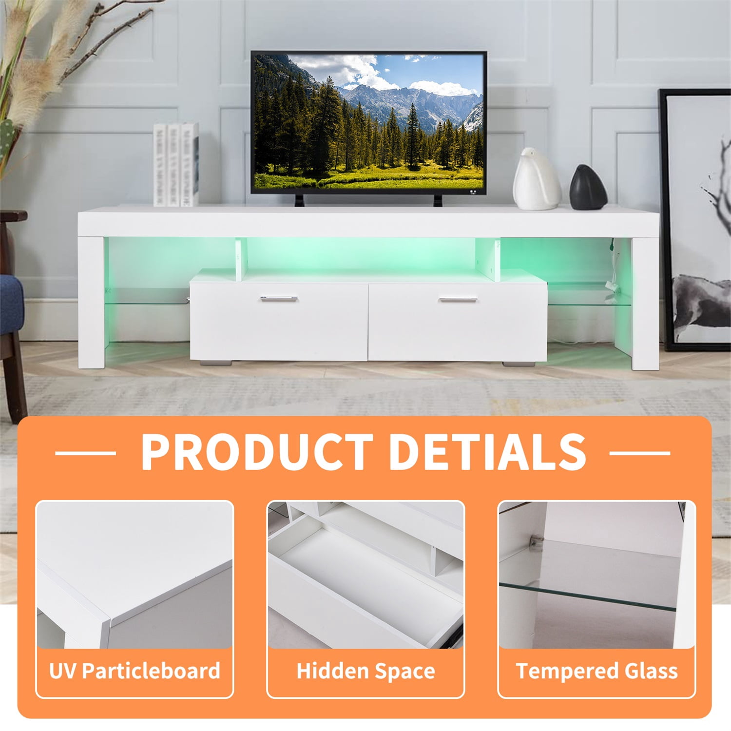 Hommoo 2 Drawers Modern TV stand with LED light, TV Media Console Entertainment Center with Storage, glass shelf Wood TV cabinet for Up to 75 inch, for Living room, Games room and bedroom, White