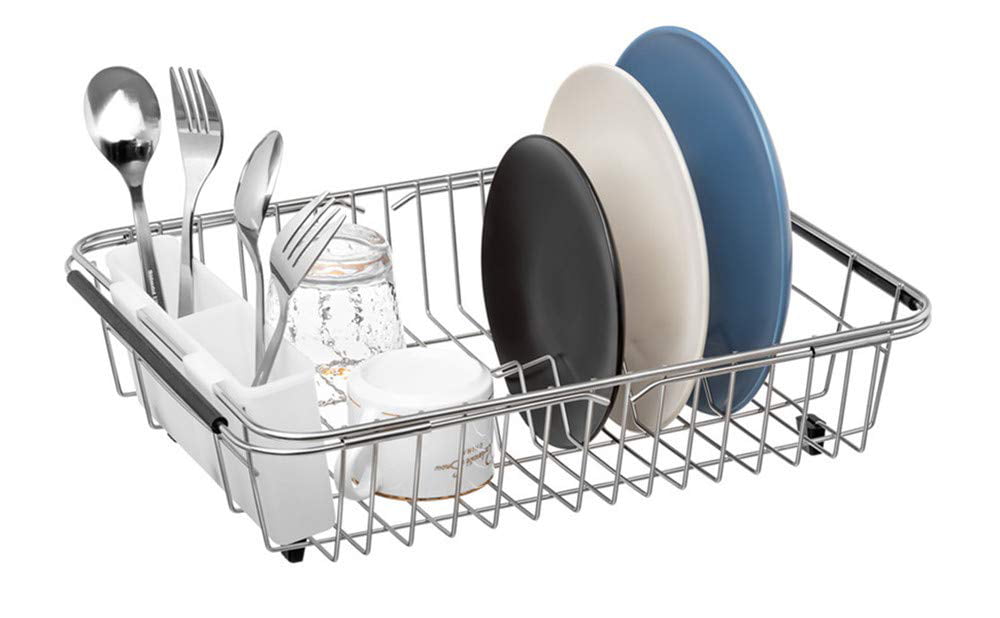 SANNO Expandable Dish Drying Rack, Dish Drainer Over Sink On Counter with  Utensil Silverware Storage Holder, Rustproof Stainless Steel 