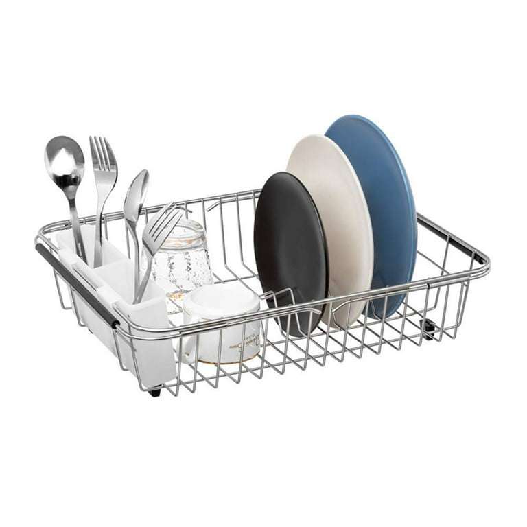 SwetLao Small Dish Drainer Rack in Sink Adjustable, 304 Stainless Steel Expandable Dish Drying Rack with Utensil Holder, Rustproof Dish