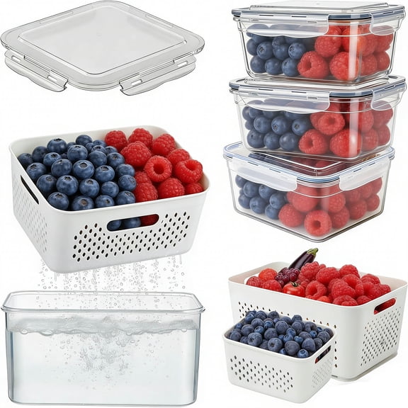 Food Storage Containers for Fridge with Removable Colander, All-In-One Fruit Washing Bowl with Strainer Microwave/Dishwasher Safe for Salad Berry Lettuce Keeper