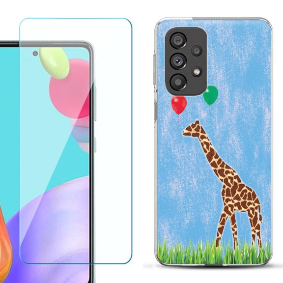 Slim-Fit Gel TPU Phone Case for Samsung Galaxy A33 5G, with Tempered Glass Screen Protector, by OneToughShield ® - Giraffe/Balloon