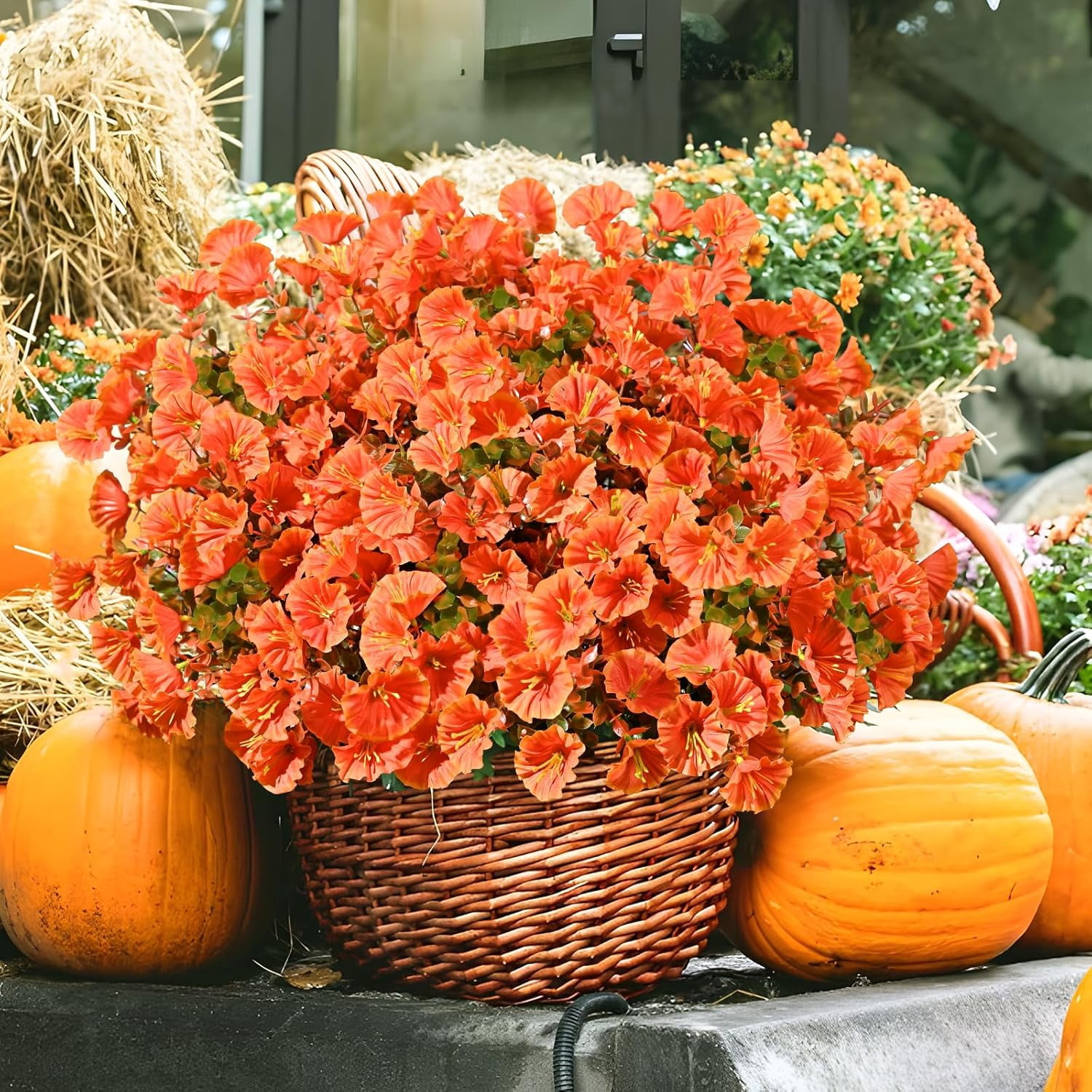 Lyacmy 36 Bundles Artificial Fall Flowers for Outdoor, Fake Mums UV Resistant Fake Flowers Fall Decorations for Home Garden,Green Orange