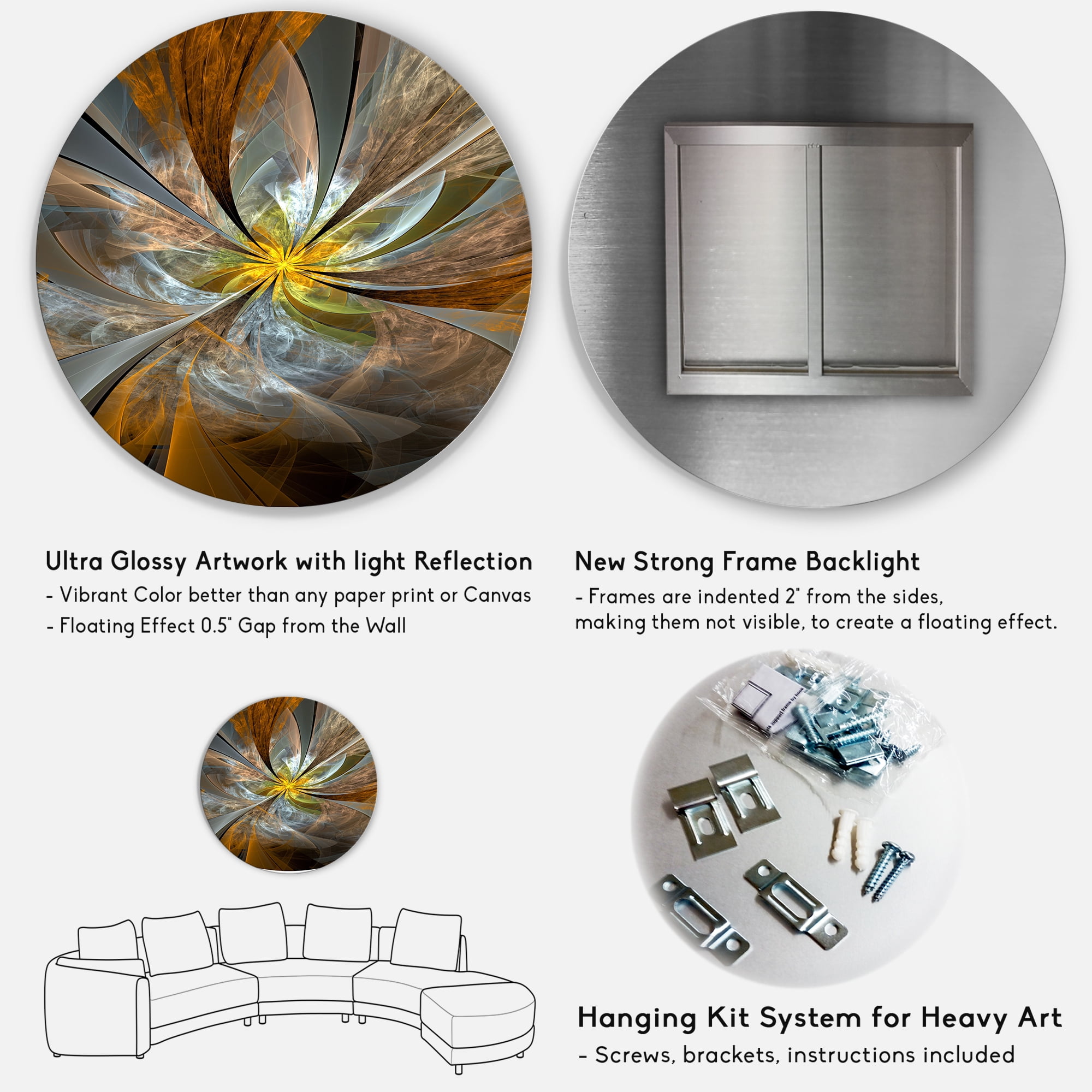 Designart 'Symmetrical Yellow Fractal Flower' Disc Large Contemporary Circle Metal Wall Arts