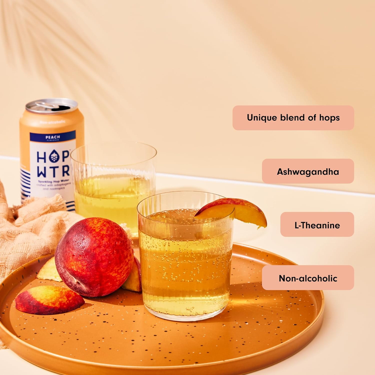 HOP WTR Sparkling Hop Water, Peach 12 Pack, Sugar Free, Low Carb Non Alcoholic Drinks, NA Beer, Adaptogen Drink, No Calories, Adaptogens & Nootropics for Added Benefits, 12 oz Cans