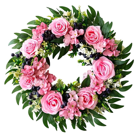 16" Spring Door Wreath – Realistic Pink Rose & Green Leaf Floral Wreath, All‑Season Silk Flower Wreath for Front Door, Indoor/Outdoor Home Decor