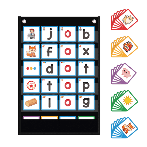 KEEPJOY CVC Word Building Pocket Chart with 114 Phonics Flash Cards, Educational Reading Spelling Tool for Classroom and Homeschool, Black