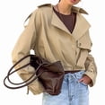 thumbnail image 3 of Female Cropped Trench Coat Lapel Long Sleeve Button Down Crop Jacket Double Breasted Coat Khaki S, 3 of 10