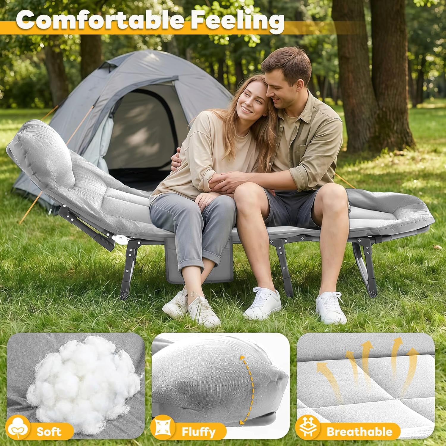 Simenmax Folding Camping Cot with Headrest and Mattress, Portable Sleeping Bed Cot, Heavy Duty Cot Bed for Camping, Office, Travel,Gray