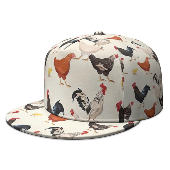 Farm Fresh Egg & Rooster Print Flat Brim Cap - Adjustable Snapback Hat for Urban Style and Outdoor Wear