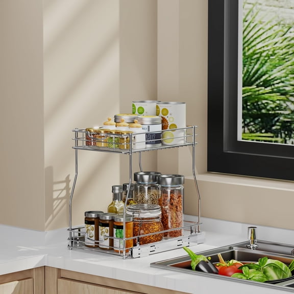 2 Tier Pull Out Cabinet Organizer Shelves - Heavy Duty Metal - Sliding Shelves for Base Cabinet Organization in Kitchen, Bathroom, Pantry