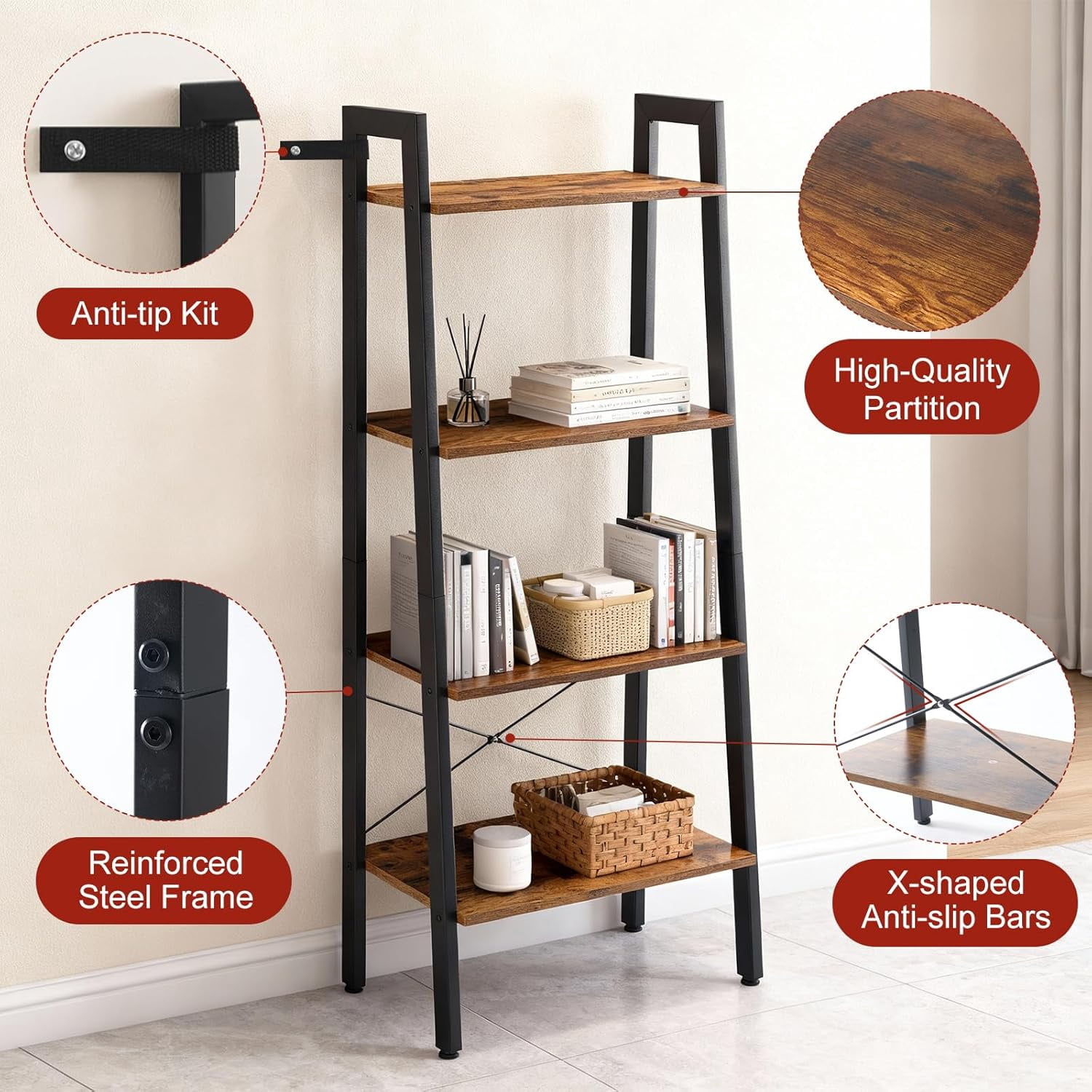 Atilioo 4 Tiers Ladder Bookcase, Wood Bookshelf Tall Standing Display Shelves Storage Organizer for Bedroom, Living Room & Home Office Bathroom, Brown