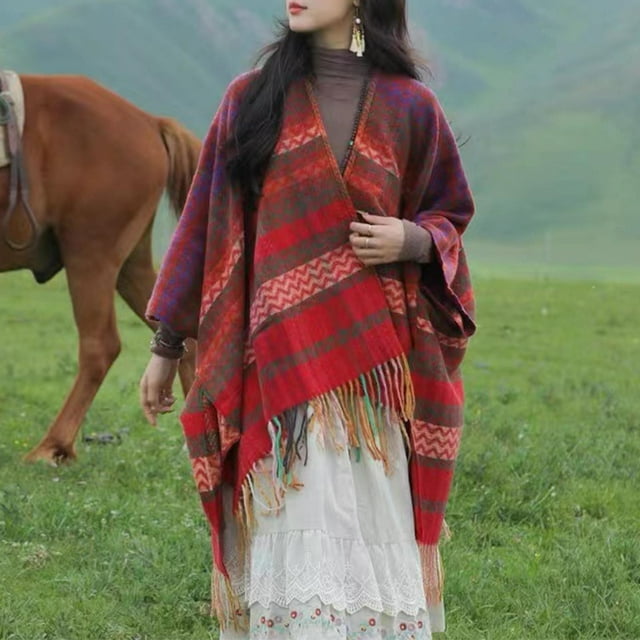 RXIRUCGD Mode Femme Décontractée Châle Ondulé Manches Chandail Châle (Rouge)