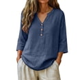 thumbnail image 2 of Linen Tops for Women Plus Size Gauze Summer Shirts V Neck Short Sleeve Button Blouses Loose Fit Casual Dressy Tunics Dark Blue 2XL, 2 of 8