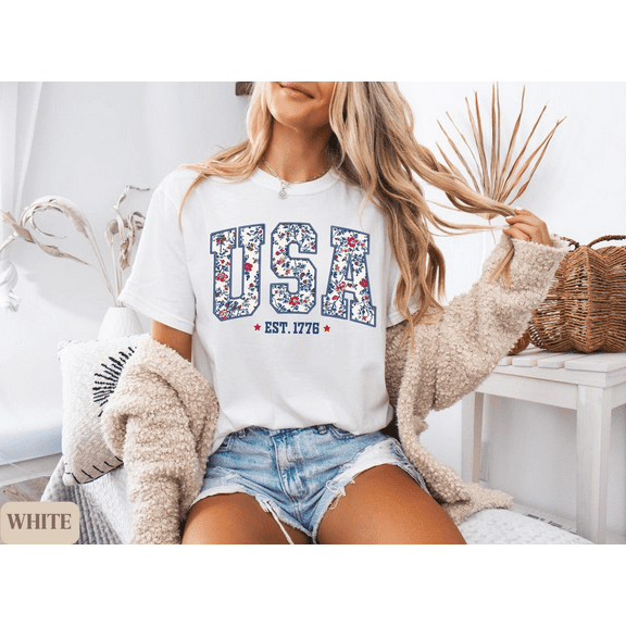 Floral USA Shirt 4th of July Tshirt Patriotic Summer Tee for Women and Girls