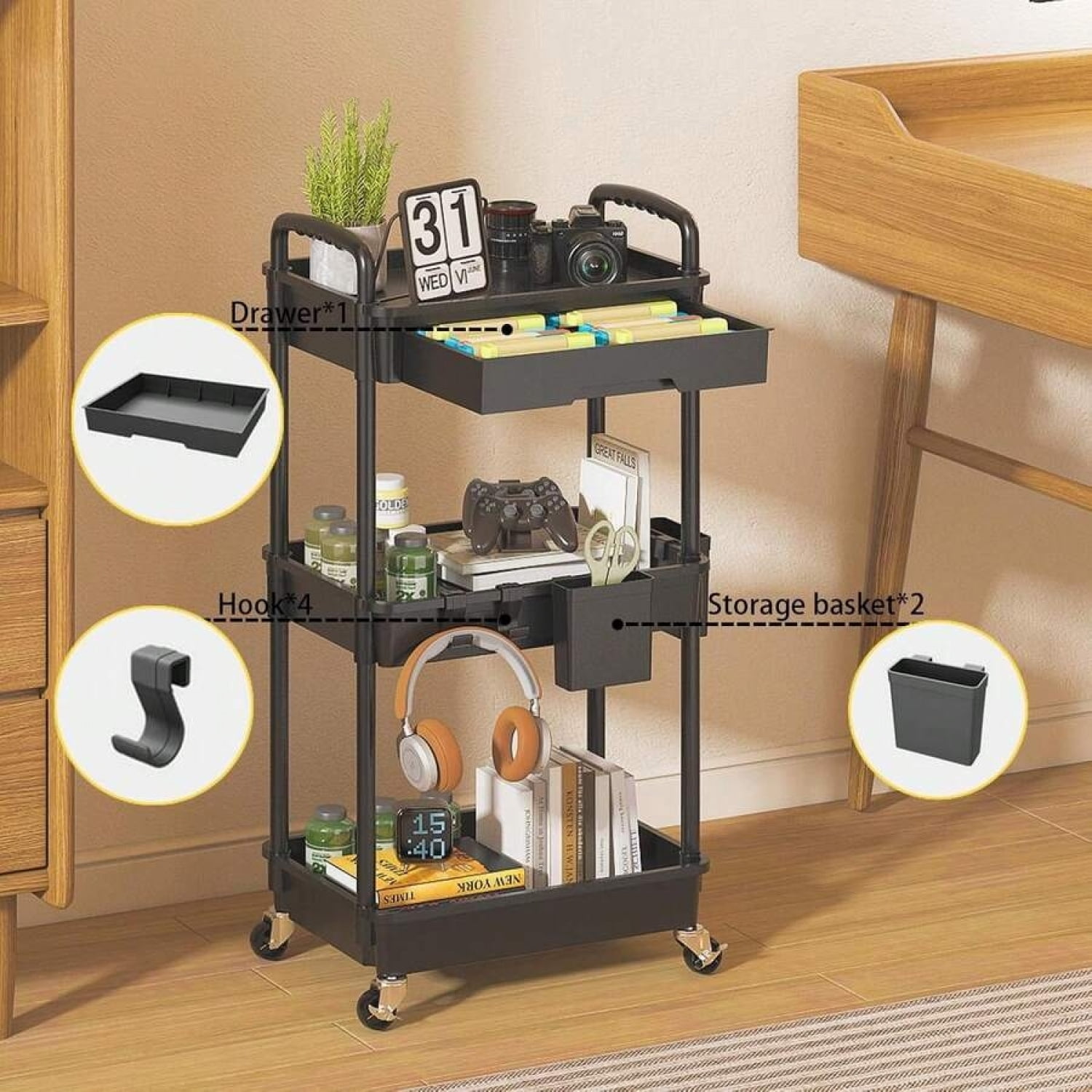 NTGFU 3 Tier Rolling Storage Cart with Drawers,Room Decor,Bathroom Decor,Rolling Utility Cart Rolling Storage Organizer Tool for Kitchen,Bathroom,Living Room,Office Outdoor Decor - Black