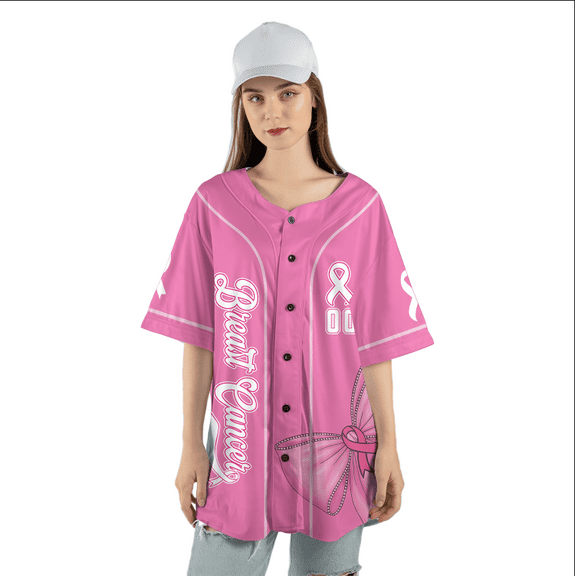 Breast Cancer Awareness Pink Baseball Jersey – Pink Ribbon Support Shirt – Unisex Custom Number Jersey Top