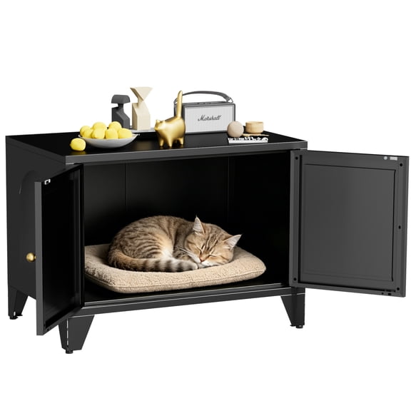 TENGDA Black Metal Cat Litter Box Enclosure Hidden Cat Washroom Cabinet 28.4in Freestanding Pet Side Table
