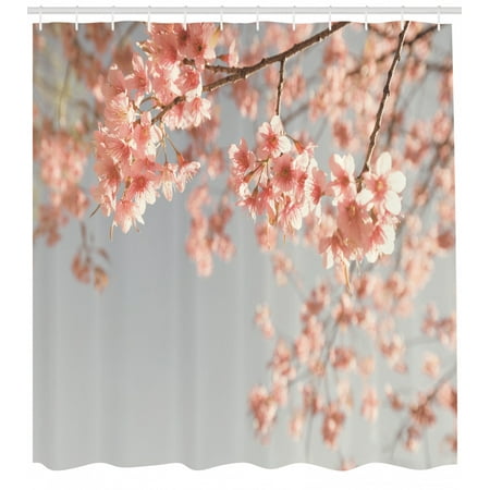 Shower Curtains Trees Nature Peach Shower Curtain, Japanese Scenery Sakura Tree Cherry Blossom Nature Photography Coming of Spring, Fabric Bathroom Set with Hooks, Bluegrey Coral, by Ambesonne ()