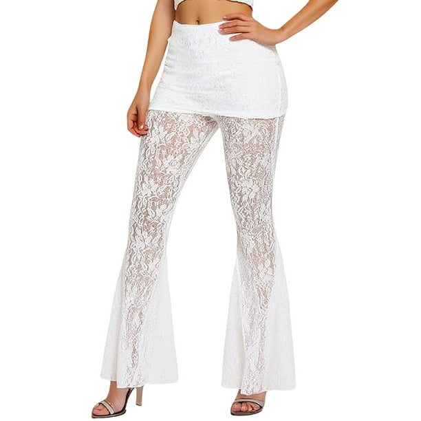 Pantalones acampanados de cintura alta con encaje para mujer: malla transparente, diseño floral, cintura elástica, cordón, transparentes, tallas S-L, encaje de poliéster, lavado a mano.