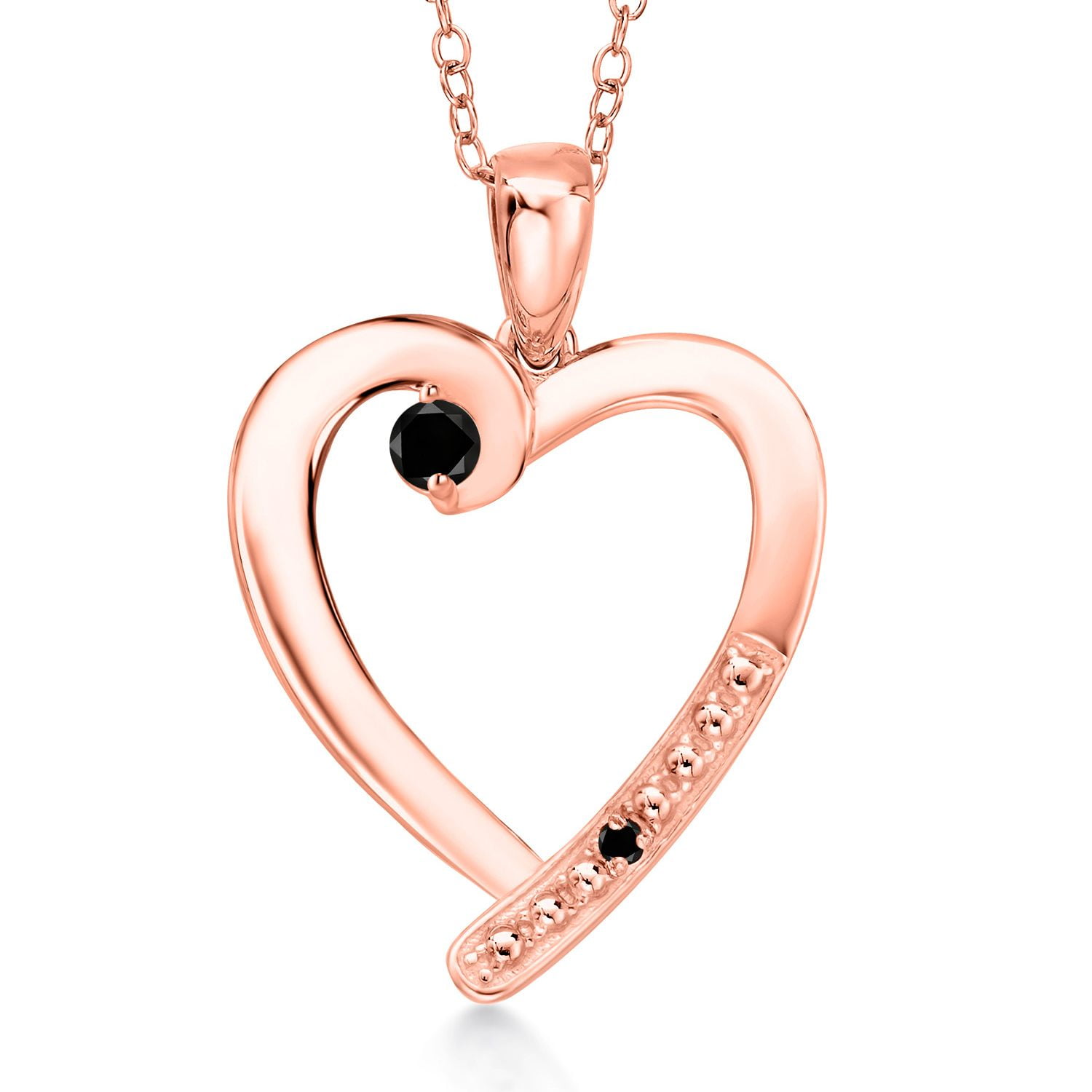 Gem Stone King 18K Rose Gold Plated Silver Black Diamond Heart Pendant Necklace for Women | 0.19 Cttw | Gemstone April Birthstone | Round 3.5MM | With 18 inch Chain