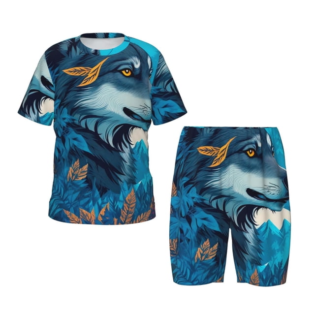 Balery Blue Iceberg Leaf Wolf Conjunto de Pijama Infantil de Manga Corta con Estampado – Ropa de Dormir de Algodón Suave-Medium