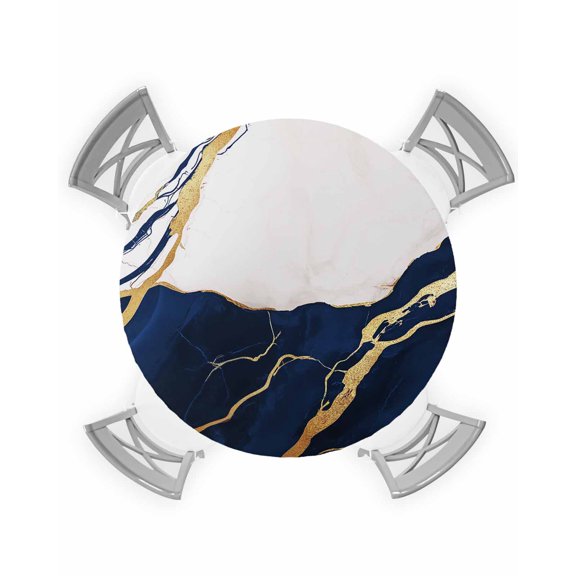 nqOlkjepod Blue White Marble Round Tablecloth, Fitted Table Cover with Elastic for 36"-44" Round Tables, Nature Marble Crack Yellow Lines Art Table Cloth Outdoor Dinning Party Waterproof Tablecloths