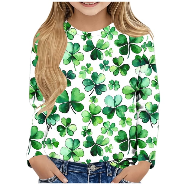 Blusas y camisas de manga larga con cuello redondo y estampado de San Patricio para niños, blusa informal de manga larga con cuello redondo, blusa de poliéster para niñas