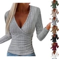 thumbnail image 6 of KYGABAK Long Sleeve ShirtsV Neck Tops for Women Sexy Sweater V Neck Ribbed Knit Slim Fit Wrap Top 2025 Fall Casual Fashion Clothes,Brown L, 6 of 6