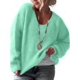 thumbnail image 2 of Women Soft Deep V Neck Drop Shoulder Lantern Long Sleeve Oversized Lazy Fit Solid Knit Sweater Green XL, 2 of 8