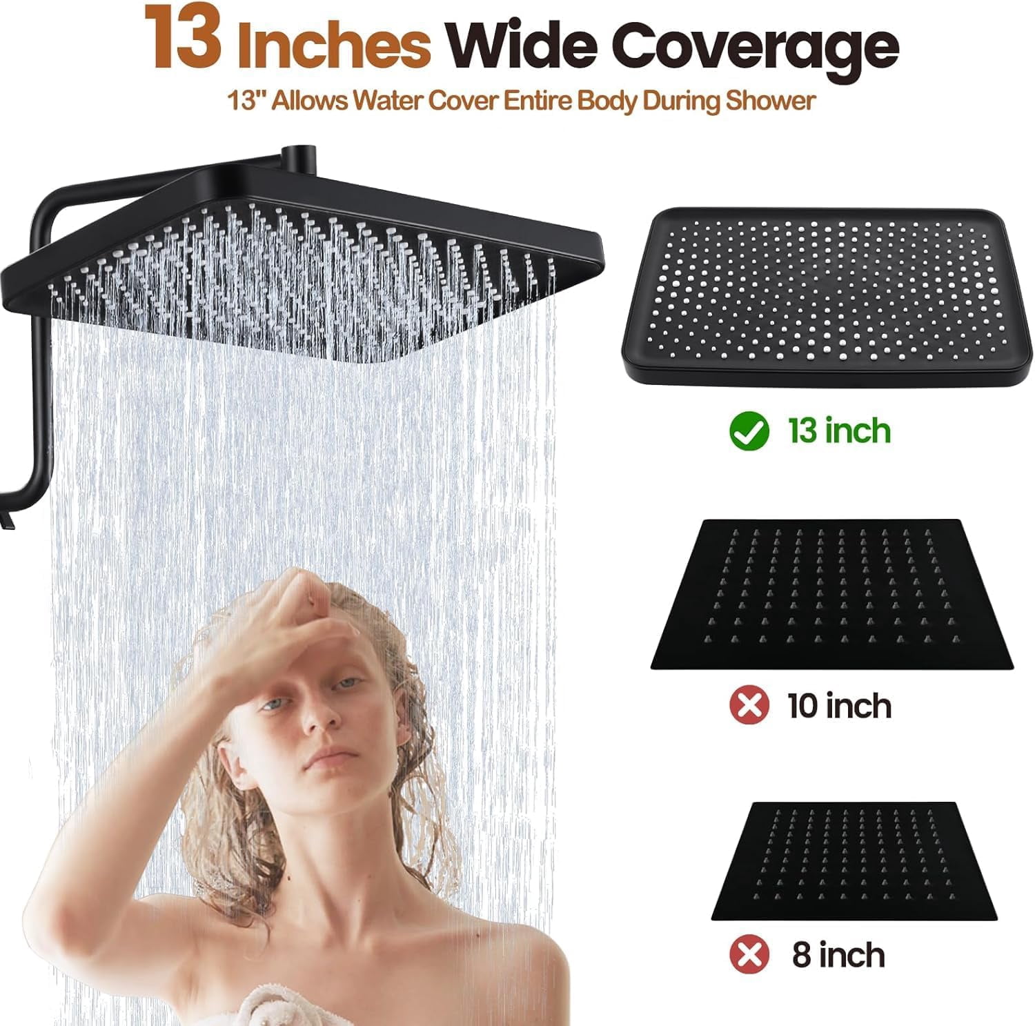 13 Inch High Pressure Rain Shower  with Handheld Spray Combo, Dual Rainfall Shower Heads, Waterfall Tandem Double Showerhead, Adjustable Extension Arm, Massage Handheld Shower - Matte Black