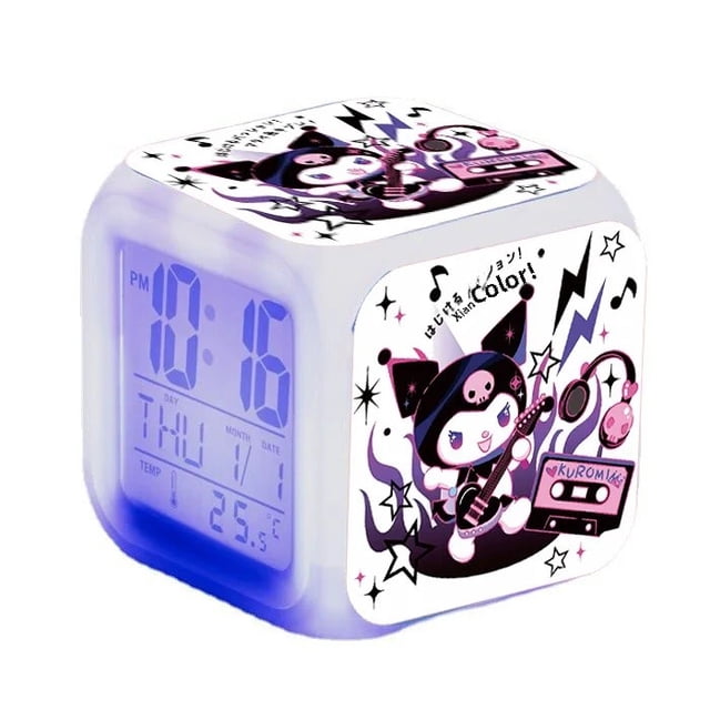 Reloj Kuromi Three Lives, regalo para niños, regalo para estudiantes, reloj despertador que cambia colorido, artículos electrónicos cuadrados de plástico para el hogar