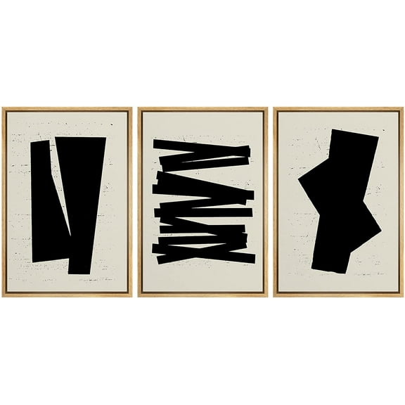 PixonSign Framed Canvas Print Wall Art Set Geometric Black Art Deco Retro Figures Abstract Shapes Illustrations Modern Art Minimalism Decorative for Living Room, Bedroom, Office - 24"x36"x3 Natural