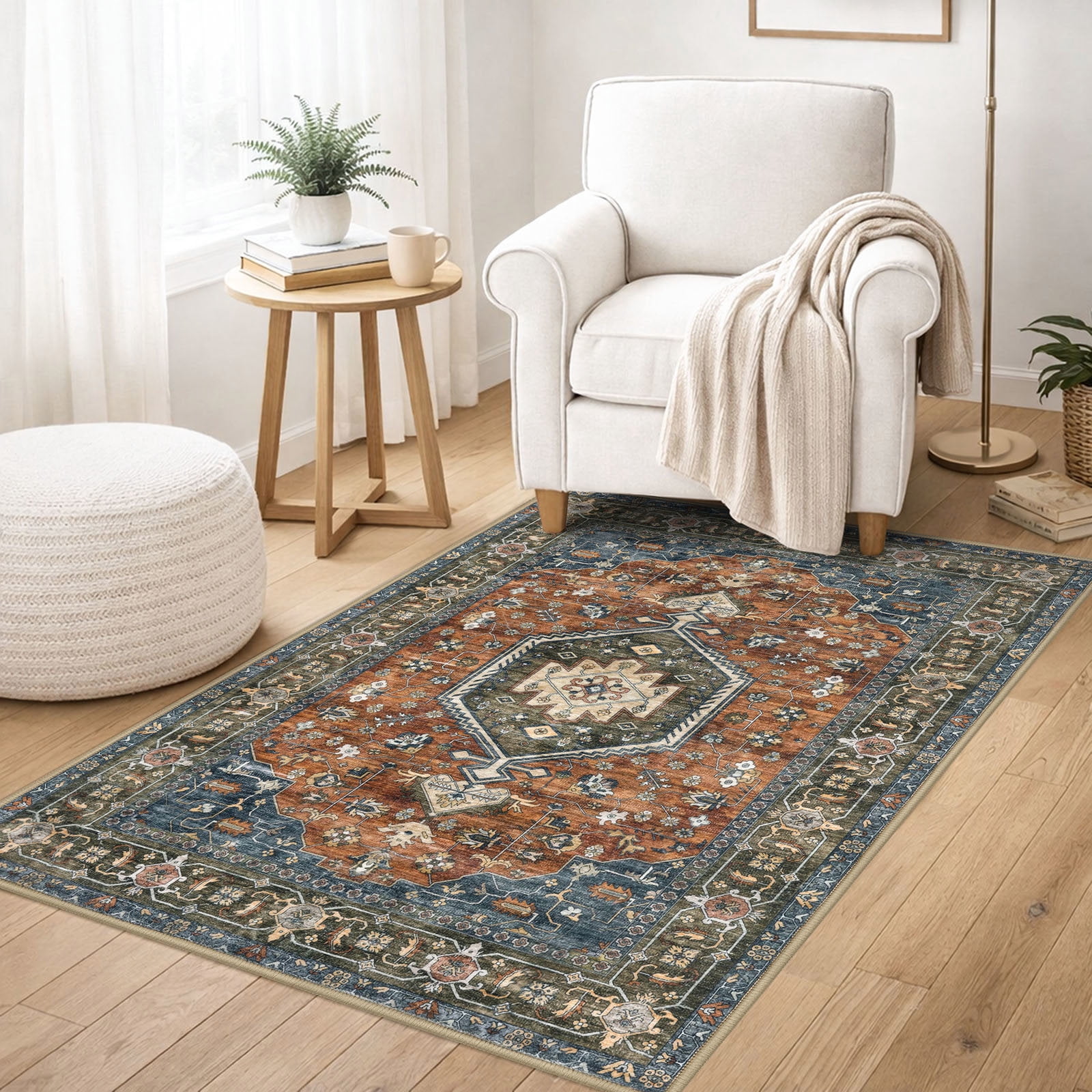 GLATTICE Washable Rugs 3x5 Brick Red Area Rugs Vintage Floral Rug for Living Room Non-Slip Kitchen Rugs Soft Printed Distressed Entry Rug Low-Pile Throw Rug Carpet for Entryway Bedroom