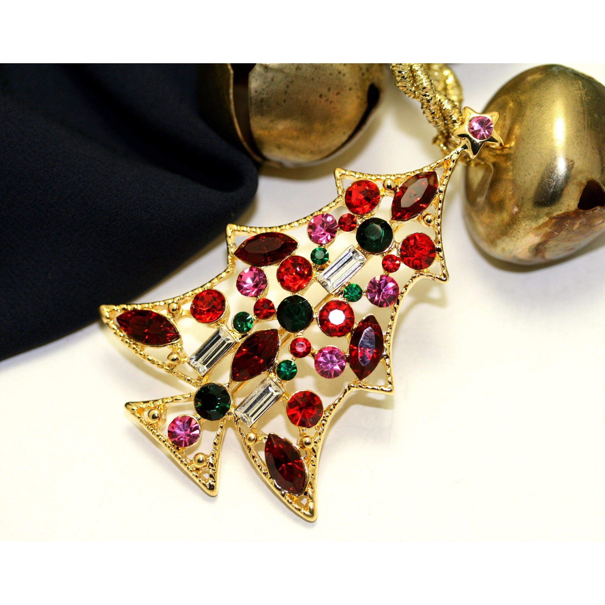 Rhinestone Christmas Tree Brooch Pin, Multi Colors Crystal Xmas Tree, Holiday Jewelry Gift