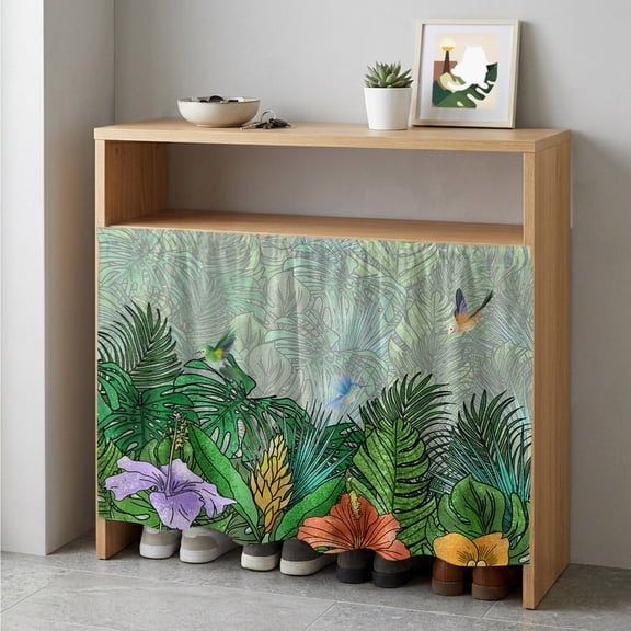 Tropical Plant Colorful Floral Cabinet Curtain 35"Wx35"L,Dustproof Under Sink Skirt with Self Adhesive Tape,Fern Print Summer Birds Cabinet Curtain Cover for Kitchen Sink,Bathroom Vanity,Laundry Room