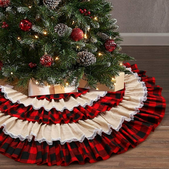 Buffalo Christmas Tree Skirt, 48 inches Plaid&Burlap Lace Ruffle 6-Layer Farmhouse Fall Ornaments for Buffalo Plaid Christmas Decor