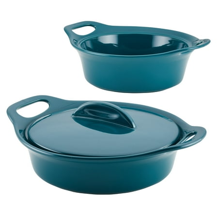 

Rachael Ray Ceramic Casserole Bakers with Shared Lid Set 3-Piece Teal