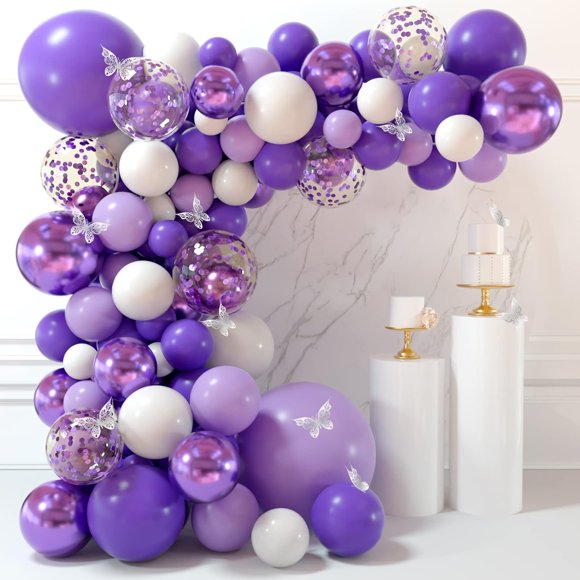 MIAHART 135 Pcs Purple Balloon Garland Arch Kit 5 10 12 18 Inches Lavender Metallic Purple White Confetti Balloons with 12 Pcs Butterfly Stickers Purple Baby Shower Decorations