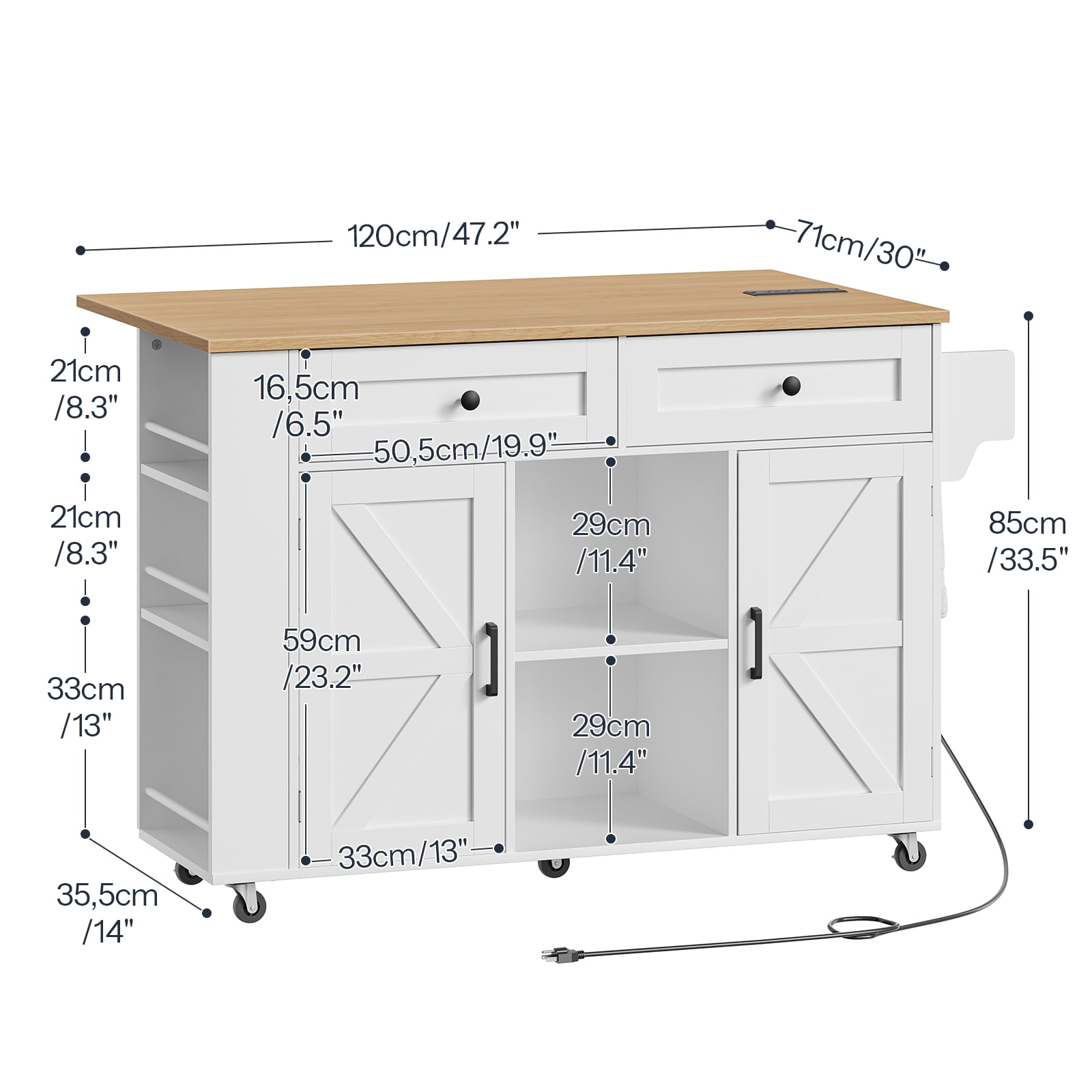 HOOBRO Rolling Kitchen Island with Drop Leaf Bar Countertop & Power Outlet, Farmhouse Island Cart with Storage, 47" Kitchen Island Cart with Side Spice Rack & 2 Drawers, White and Natural WN35UZD01