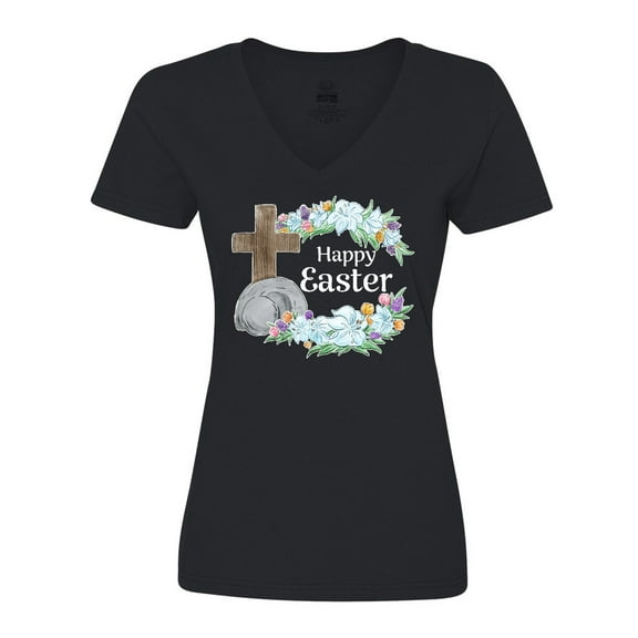 Inktastic Happy Easter with Cross and Flowers Women's V-Neck T-Shirt