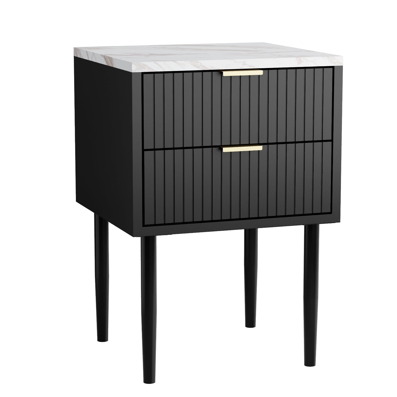 Eclife Set of 2 Nightstands Gold Handles Marble Top for Bedroom Adult Kids, Black