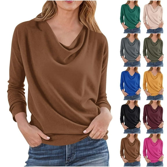 Loopsun Womens Fall Tops, Long Sleeve T Shirts for Women, Women Loose Fashion Casual Solid Long Sleeve Pleated Collar Pullover Top Army Green, L