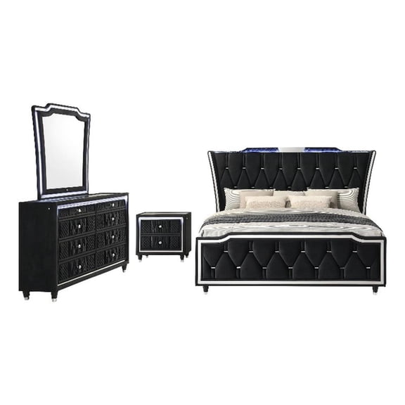 Coaster Lorient 4-Piece Velvet Eastern King LED Bedroom Set in Black