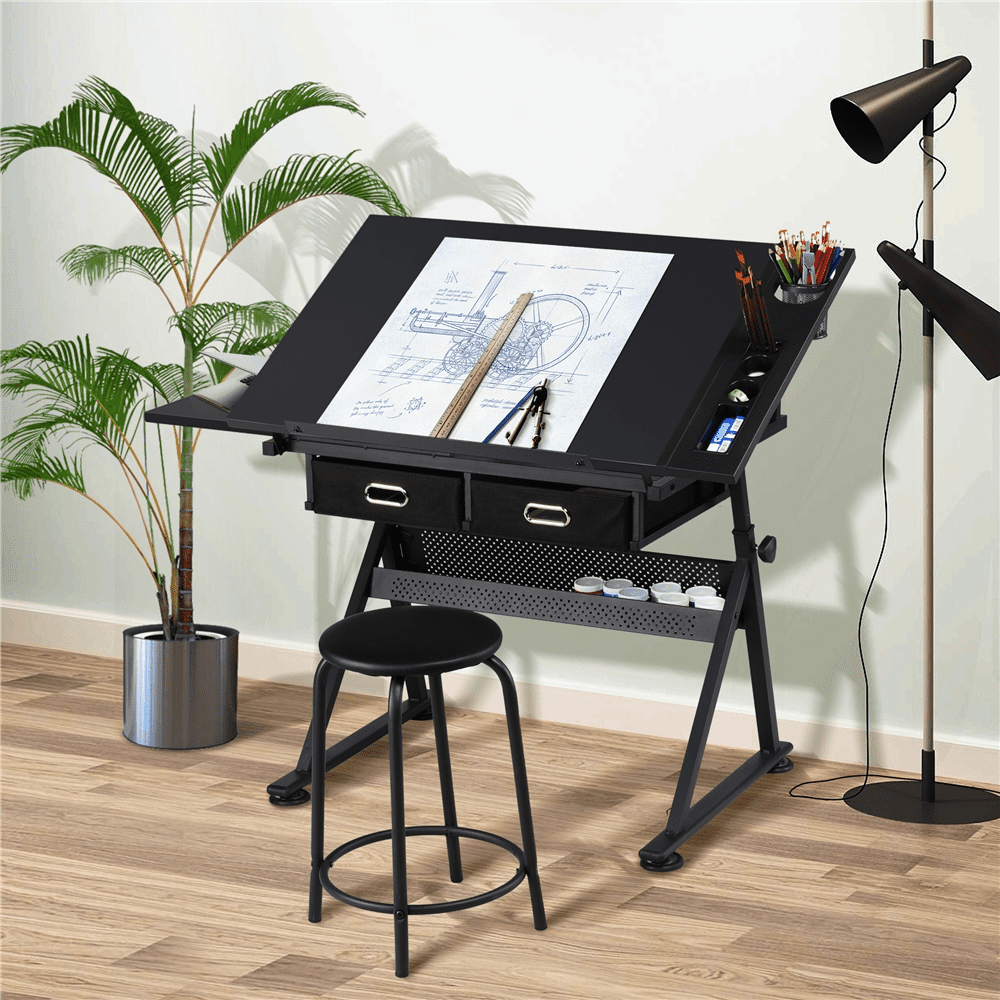Renwick Drafting Table and Stool Set with Adjustable Table Angles & Heights, Black
