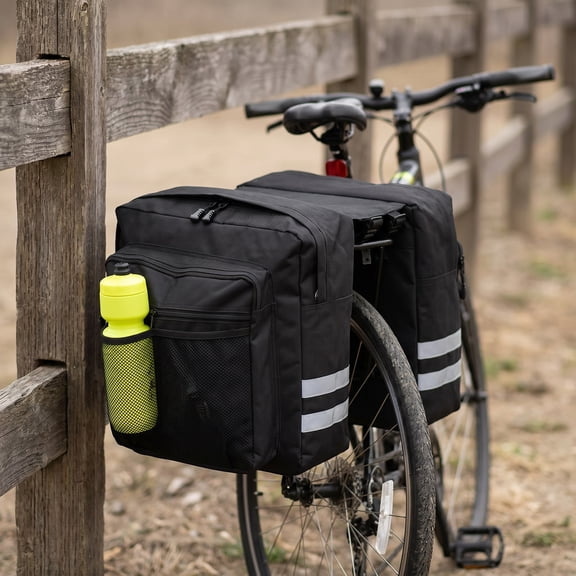 Bike Panniers Rear Saddle Bag – Large-Capacity Bicycle Double Storage with Adjustable Hook, Reflective Trim, Durable 600D Cloth – Ideal for Mountain Bikes, Commuting