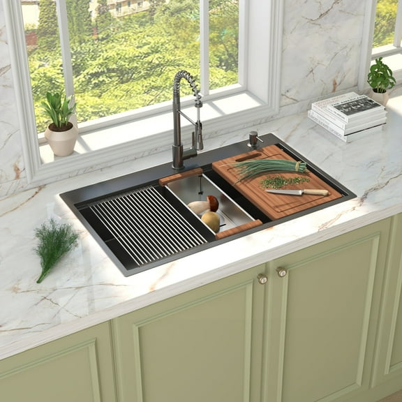 36" x 22" Drop in Gunmetal Black Kitchen Sink, 16Gauge  Stainless Steel Sink, Drop Workstation Sink, Topmount Single Bowl Sink with Integrated Ledge