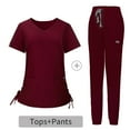 thumbnail image 2 of BiZtdJrK Women's Scrub Sets V Neck Short Sleeve Scrubs Tops and Jogger Pants 2 Piece Outfits Soft Nursing Uniform with Pockets Birthday Gift Wine M, 2 of 5